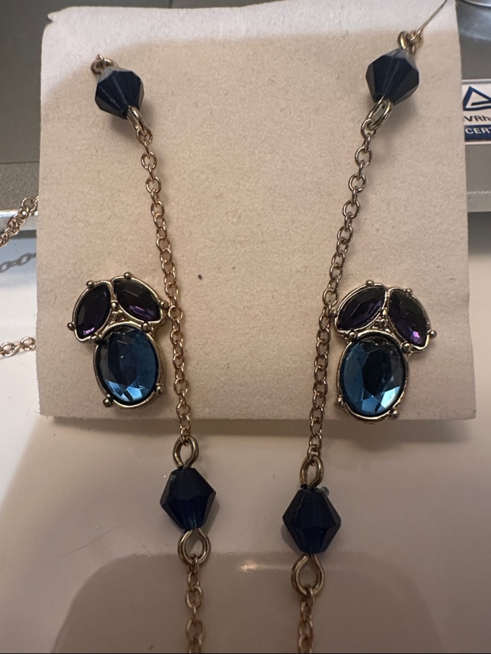 SAQ Vintage-Inspired Blue Crystal Pendant Necklace and Earrings Set. Like New.